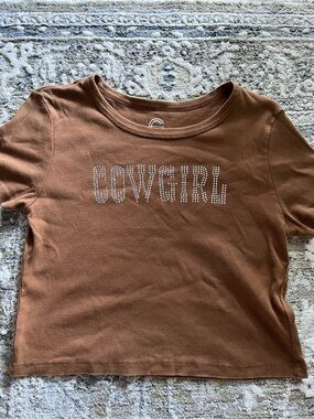 Cropped Brown 'COWGIRL' Rhinestone Short Sleeve Tee